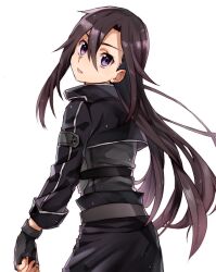 1boy black_gloves black_hair black_jacket cowboy_shot fingerless_gloves gloves hair_between_eyes jacket kirito kirito_(sao-ggo) komiya_harumoto long_hair long_sleeves looking_at_viewer looking_back open_mouth purple_eyes simple_background solo sword_art_online very_long_hair white_background