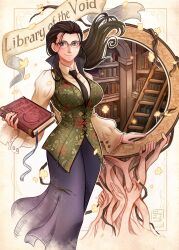 Rule 34 | 1girl, absurdres, black hair, black necktie, blue skirt, book, bookshelf, closed mouth, commentary, cross-laced vest, disembodied hand, english commentary, extra arms, feet out of frame, floating hair, glasses, green vest, hana hana no mi, highres, holding, holding book, long skirt, looking to the side, necktie, nico robin, one piece, ponytail, puffy sleeves, shirt, shuravf, sidelocks, skirt, smile, solo, vest, watermark, white shirt