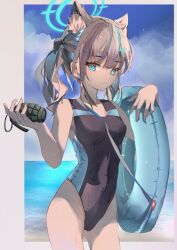 1girl animal_ear_fluff animal_ears beach black_one-piece_swimsuit bloneck blue_archive blue_eyes blue_sky breasts cloud competition_swimsuit covered_navel cross_hair_ornament day explosive extra_ears grenade grey_hair hair_ornament halo holding holding_grenade horizon innertube low_ponytail medium_breasts medium_hair mismatched_pupils multicolored_swimsuit ocean official_alternate_costume one-piece_swimsuit outdoors ponytail shiroko_(blue_archive) shiroko_(swimsuit)_(blue_archive) sky solo swim_ring swimsuit wolf_ears