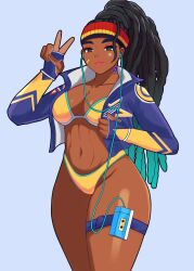 Rule 34 | 1girl, bandaid, bandaid on face, bikini, braid, colored tips, djames, earphones, highres, jacket, kimberly jackson, listening to music, multicolored hair, multicolored headband, official alternate costume, sticker on face, street fighter, street fighter 6, swimsuit, thigh strap, thighs, v, walkman, yellow bikini