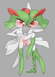 1boy 1girl blush clitoris colored_skin cum cum_in_pussy flat_chest full_body gen_3_pokemon green_hair grey_background hair_between_eyes hetero holding_hands horns kirlia kodomo_doushi loli navel nintendo nipples no_humans open_mouth pants_around_one_leg penis pokemon pokemon_(creature) pussy red_eyes red_horns saliva saliva_trail sex short_hair shota standing standing_sex sweat testicles thighhighs torn_clothes torn_thighhighs tosx vaginal white_skin