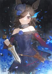Rule 34 | 1girl, animal ears, bare shoulders, blue dress, blue flower, blue rose, blush, breasts, brown hair, choker, collarbone, dagger, dress, drowzzi, flipped hair, flower, hair over one eye, hat, hat flower, holding, holding dagger, holding knife, holding weapon, horse ears, horse girl, knife, long hair, long sleeves, looking at viewer, off-shoulder dress, off shoulder, parted lips, purple dress, purple eyes, rice shower (umamusume), rose, sheath, solo, teeth, tilted headwear, umamusume, weapon