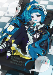 1girl apron black_dress black_eyes black_gloves black_nails black_pantyhose blue_hair commentary commission commissioner_name dress fingerless_gloves flower frilled_hairband frills ghost gloves hairband highres long_hair looking_at_viewer lying mayuri_kaichou mole mole_under_eye nail_polish on_back open_mouth original pantyhose rose skeb_commission solo teeth thank_you white_apron white_flower yellow_flower yellow_rose