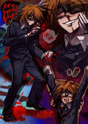 1boy absurdres black_eyes black_jacket blood blood_on_face blood_on_ground blood_on_hands bloody_knife brown_hair english_text fang glasses gloves grin highres holding holding_knife imnotrlup jacket knife licking_lips male_focus medium_hair multiple_views nosebleed randal&#039;s_friends randal_ivory smile tongue tongue_out white_gloves