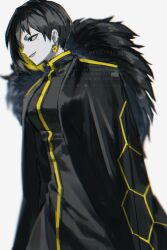 Rule 34 | 1girl, binah (project moon), black coat, black dress, black eyes, black hair, blonde hair, breasts, coat, coat on shoulders, colored inner hair, dress, earrings, fur-trimmed coat, fur trim, graysky 13, hexagon print, highres, jewelry, library of ruina, lobotomy corporation, long sleeves, mole, mole under eye, multicolored hair, project moon, simple background, solo, standing, upper body, white background