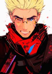 Rule 34 | 1boy, blonde hair, blue eyes, broken eyewear, clenched teeth, coat, glasses, hair slicked back, highres, hollycircling, male focus, one eye closed, portrait, red coat, round eyewear, solo, straight-on, teeth, torn clothes, trigun, trigun stampede, vash the stampede, white background, wince