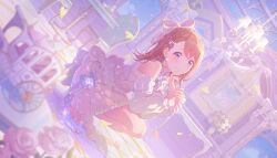 1girl bow brown_hair cheer_with_my_heart!_(project_sekai) closed_mouth colorful_palette dress game_cg grey_eyes hanasato_minori high_heels highres medium_hair official_art project_sekai white_bow white_dress