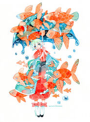 Rule 34 | 1girl, ankle bow, ankle ribbon, artist name, back bow, baggy pants, black sandals, blue bow, blue eyes, blue robe, blue umbrella, bow, bubble, chinese clothes, closed mouth, colored eyelashes, commentary, english commentary, fish, flying fish, full body, goldfish, hair between eyes, head tilt, holding, holding umbrella, large bow, long sleeves, maruti bitamin, original, painting (medium), pants, pink bow, red pants, red shirt, ribbon, robe, robe partially removed, sandals, scale print, school of fish, shirt, short hair, short sleeves, signature, simple background, smile, socks, solo, traditional media, umbrella, watercolor (medium), wave print, white background, white hair, white socks, wide sleeves
