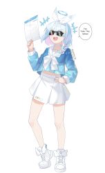 Rule 34 | +++, 1girl, :d, absurdres, akanora, arona (blue archive), black-framed eyewear, blue archive, blue hair, blue halo, blue shirt, boots, bow hairband, braid, choker, colored inner hair, commentary, english text, envelope, full body, hairband, halo, hand on own hip, highres, holding, holding envelope, long sleeves, medium hair, miniskirt, multicolored hair, neckerchief, open mouth, pink hair, pleated skirt, rectangular eyewear, sailor collar, school uniform, shirt, side braid, simple background, skirt, smile, solo, sparkle, speech bubble, sunglasses, teeth, twitter username, upper teeth only, v-shaped eyebrows, white background, white boots, white choker, white hairband, white neckerchief, white sailor collar, white skirt