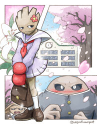 black_eyes blush building cherry_blossoms cherry_tree clothed_pokemon creature creature_focus crossdressing flower gen_1_pokemon gen_2_pokemon highres hitmonchan hitmonlee hitmontop looking_at_another miniskirt nintendo open_mouth pokemon pokemon_(creature) school_uniform shoes signature skirt sky smile socks sweat veganswampert white_socks