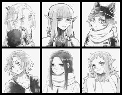&gt;:) 1boy 5girls absurdres animal_ears bags_under_eyes black_border blush border braid cat_ears cat_girl choker cloak dungeon_meshi elf expressionless fleki gorget grey_background hair_tubes highres hood hooded_cloak izutsumi lazy_eye long_hair looking_at_viewer looking_to_the_side low-tied_sidelocks marcille_donato milsiril mithrun monochrome multiple_girls pointy_ears portrait rin_(dungeon_meshi) scarf shirt short_hair sidelocks simple_background sleeveless smile uneven_eyes v-shaped_eyebrows xiaoye_ju_er