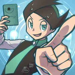 1boy :d absurdres black_vest commentary_request green_eyes happy highres holding long_sleeves looking_at_viewer male_focus multicolored_hair nintendo open_mouth pointing pokemon pokemon_dppt pokemon_platinum sasami_642 shirt short_hair signature smile solo thorton_(pokemon) tongue two-tone_hair upper_body vest