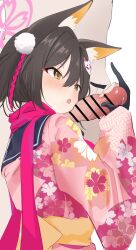 1boy 1girl absurdres animal_ear_fluff animal_ears bar_censor black_gloves black_hair blue_archive censored erection fox_ears fox_hair_ornament gloves hair_between_eyes hair_ornament halo handjob hetero highres izuna_(blue_archive) open_mouth partially_fingerless_gloves penis penis_on_face pink_halo pom_pom_(clothes) pom_pom_hair_ornament red_scarf scarf short_hair solo_focus yellow_eyes ykt_scl