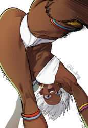 1girl 3_jung armlet ass barefoot bikini blue_eyes breasts calflet capoeira dark-skinned_female dark_skin earrings elena_(street_fighter) handstand highres jewelry kicking motion_lines neck_ring one_arm_handstand open_mouth short_hair solo speed_lines street_fighter street_fighter_iii_(series) swimsuit underboob upside-down very_dark_skin white_hair