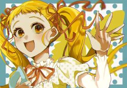 1girl blonde_hair blue_border border bug butterfly collared_shirt eyelashes floating_hair flower_knot forehead frilled_shirt_collar frilled_sleeves frills hair_ribbon hand_up happy highres insect kasugano_urara_(yes!_precure_5) layered_shirt layered_sleeves light_blush long_hair long_sleeves looking_at_viewer mer_(zo_no_00) neck_ribbon open_mouth orange_ribbon outside_border palms polka_dot polka_dot_background polka_dot_shirt precure puffy_short_sleeves puffy_sleeves ribbon shirt short_over_long_sleeves short_sleeves smile solo striped_clothes striped_shirt tareme twintails upper_body vertical-striped_clothes vertical-striped_shirt waving white_background white_shirt yellow_butterfly yellow_eyes yes!_precure_5