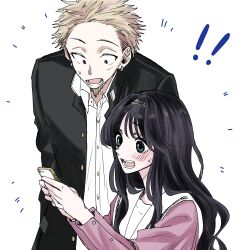 ! !! 1boy 1girl black_hair black_jacket blonde_hair brown_eyes commentary_request earrings green_eyes highres holding holding_phone hoop_earrings jacket jewelry kaoru_hana_wa_rin_to_saku kikyo_private_academy_school_uniform mikami_saka official_art open_clothes open_jacket phone purple_shirt school_uniform shirt simple_background small_sweatdrop surprised teeth tsumugi_rintarou upper_body waguri_kaoruko white_background