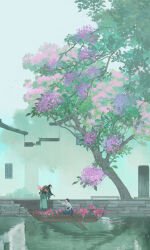 2girls architecture black_hair blue_skirt boat canoe chinese_clothes chinese_commentary commentary_request copyright_request day east_asian_architecture flower green_hanfu hanfu highres holding holding_oar ibuki_satsuki lake multiple_girls oar on_boat outdoors pink_flower purple_flower scenery skirt spring_(season) tree very_wide_shot watercraft