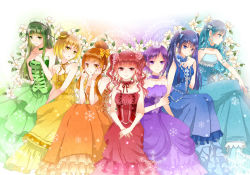 6+girls aqua_dress aqua_eyes aqua_hair blonde_hair blue_dress blue_eyes blue_hair choker crown dress female_focus flower green_dress green_eyes green_hair hair_bun hair_ribbon hat headdress long_hair matching_hair/eyes mini-top_hat mini_hat mini_top_hat multiple_girls nekozuki_yuki orange_dress orange_eyes orange_hair original purple_crown purple_dress purple_eyes purple_hair rainbow rainbow_order red_dress red_eyes red_hair ribbon short_hair single_hair_bun smile strapless strapless_dress top_hat twintails yellow_dress yellow_eyes