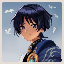 1boy anemo_symbol_(genshin_impact) angryoats aqua_gemstone bird black_bodysuit black_hair blue_cape blue_eyes blue_sky blunt_ends bodysuit border bright_pupils cape clear_sky closed_mouth eyeliner eyeshadow gem genshin_impact gold highres lipgloss looking_at_viewer makeup male_focus portrait red_eyeliner red_eyeshadow scaramouche_(genshin_impact) single_hair_intake sky smile solo turtleneck turtleneck_bodysuit wanderer_(genshin_impact) white_border white_pupils white_sleeves white_trim