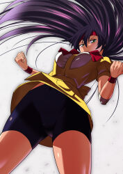 1girl absurdres apron bike_shorts black_hair blonde_hair bow bowtie breasts clenched_hands closed_mouth dark-skinned_female dark_skin elbow_pads from_below green_eyes headband highres knee_pads kubota_jun long_hair looking_at_viewer looking_down medium_breasts shirt short_sleeves solo standing toku_sonchou variable_geo wind wind_lift yellow_apron