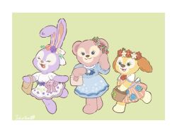 3girls animal_ears bear bear_ears bear_girl bow cookieann dog duffy_and_friends flower full_body looking_at_viewer multiple_girls no_humans rabbit rabbit_ears rabbit_girl rose shelliemay shirt smile standing stellalou takatmaorange