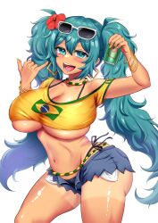 1girl alternate_breast_size aqua_hair bikini brazilian_flag brazilian_flag_print brazilian_miku breasts dark-skinned_female dark_skin earrings eburi_a eyewear_on_head flag_print flower hair_flower hair_ornament hatsune_miku highres jewelry large_breasts long_hair midriff navel shirt shorts solo sunglasses swimsuit tan tanline twintails vocaloid yellow_shirt
