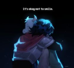 1boy 1other armor blue_hair commentary deltarune english_commentary english_text furry furry_male glasses goat_boy goat_horns horns hug kris_(deltarune) ralsei round_eyewear s5oyaa short_hair shoulder_armor signature
