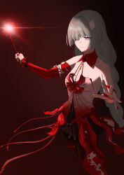 1girl absurdres bandage_over_one_eye bare_shoulders bell_(only-id_228) black_skirt breasts closed_mouth commentary cowboy_shot detached_sleeves dress flower grey_eyes grey_hair hands_up highres holding holding_flower long_hair medium_breasts phrolova_(wuthering_waves) red_dress red_pupils single_detached_sleeve skirt solo spider_lily tacet_mark_(wuthering_waves) wuthering_waves