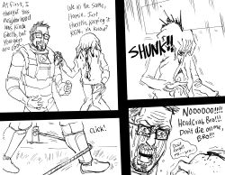 1boy absurdres alien bb_(baalbuddy) booby_trap death english_text glasses gordon_freeman greyscale half-life half-life_(series) half-life_2 headcrab hev_suit highres monochrome speech_bubble tripwire zombie