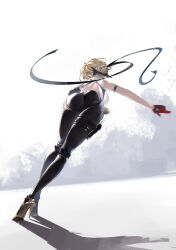 1girl absurdres ass asymmetrical_gloves back_cutout bare_shoulders black_gloves black_pants blonde_hair breasts chest_harness clothing_cutout elbow_gloves evelyn_chevalier from_behind full_body gloves hair_ornament harness high-waist_pants high_heels highres large_breasts medium_hair pants running shirt sleeveless sleeveless_shirt solo tight_clothes tight_pants white_shirt yu_pian zenless_zone_zero