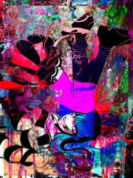 1girl :d absurdres amemiya_darumi blue_hair colorful distortion fangs full_body highres long_hair looking_at_viewer marionxxxxxxxxx open_mouth pink_eyes sideways smile solo striped_clothes the_hundred_line_-last_defense_academy- wide-eyed
