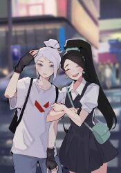2girls animification asian backpack bag black_hair black_skirt black_vest blue_pants city earrings fingerless_gloves gloves hair_behind_ear hair_bun hair_up handbag highres hyoon_(sockgyu) jett_(valorant) jewelry locked_arms long_hair multiple_girls open_hand orb pants pearl_earrings ponytail puffy_sleeves sage_(valorant) scrunchie shirt short_sleeves skirt valorant vest white_hair white_shirt yuri