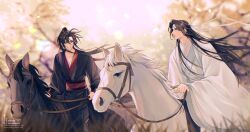 Rule 34 | 2boys, ahoge, animal, artist name, black hair, black hanfu, black horse, blurry, blurry background, blurry foreground, chinese clothes, closed mouth, commentary, day, depth of field, english commentary, eye contact, floating hair, grass, grey eyes, grin, hair between eyes, hair ribbon, hanfu, headband, high ponytail, highres, holding, holding reins, horse, horseback riding, implied yaoi, lan wangji, long hair, long sleeves, looking at another, male focus, minataka94, modao zushi, multiple boys, outdoors, ponytail, profile, red ribbon, red sash, reins, ribbon, riding, robe, saddle, sash, sidelocks, smile, tree, very long hair, watermark, wei wuxian, white hanfu, white headband, white horse, wide sleeves, wind, yellow eyes