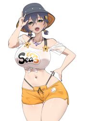 Rule 34 | 1girl, absurdres, aji (p391), alternate costume, belle (zenless zone zero), black hat, black nails, blue hair, breasts, green eyes, hair ornament, hand on own hip, hat, highleg, highleg panties, highres, large breasts, letter hair ornament, looking at viewer, nail polish, orange shorts, panties, shirt, short hair, shorts, solo, tied shirt, underwear, white background, white shirt, yellow panties, zenless zone zero
