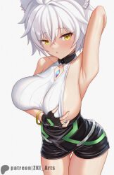 1girl animal_ears areola_slip armpits black_gloves breasts cat_ears cat_girl chest_jewel clothing_cutout commentary core_crystal_(xenoblade) crossed_bangs crystal diamond_cutout fingerless_gloves gloves grey_hair hair_between_eyes high-waist_shorts highres huge_breasts large_breasts looking_at_viewer messy_hair na&#039;el_(xenoblade) open_mouth presenting_armpit romper short_hair short_shorts shorts simple_background solo thighhighs xenoblade_chronicles_(series) xenoblade_chronicles_3 xenoblade_chronicles_3:_future_redeemed yellow_eyes z-ki
