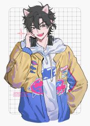 1boy :d alternate_costume animal_ears artist_name black_eyes black_hair blue_jacket blush cat_boy cat_ears cheng_xiaoshi cropped_torso drawstring english_text fangs hair_between_eyes hand_in_pocket hand_up headphones headphones_around_neck highres holding holding_headphones hood hood_down hoodie jacket justjust_monika kemonomimi_mode long_sleeves looking_at_viewer male_focus multicolored_jacket open_clothes open_jacket open_mouth ponytail shiguang_dailiren short_hair short_ponytail simple_background smile solo sparkle teeth twitter_username upper_body upper_teeth_only watermark white_background white_hoodie yellow_jacket