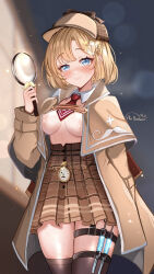 1girl aki_hoshino black_thighhighs blonde_hair blue_eyes blurry blurry_background blush bob_cut breasts brown_coat brown_hat brown_skirt closed_mouth coat commentary cowboy_shot deerstalker detached_collar english_commentary hair_ornament hand_in_pocket hand_up hat high-waist_skirt highres holding holding_magnifying_glass hololive hololive_english looking_at_viewer magnifying_glass medium_breasts miniskirt necktie nipples no_bra no_shirt open_clothes open_coat plaid_clothes plaid_skirt pleated_skirt pocket_watch red_necktie short_hair short_necktie skirt smile solo standing syringe_holster thigh_strap thighhighs virtual_youtuber watch watson_amelia watson_amelia_(1st_costume)