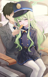 1boy 1girl absurdres black_hat black_jacket black_skirt blue_archive closed_eyes commentary_request eating formal_clothes green_hair green_halo halo hat highres hikari_(blue_archive) jacket loli long_hair open_mouth pizza_(pizzania_company) pointy_ears sensei_(blue_archive) sidelocks sitting sitting_on_lap sitting_on_person skirt suit