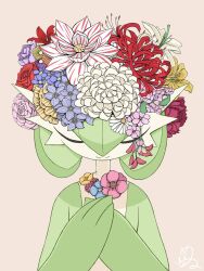 Rule 34 | blue flower, bob cut, closed eyes, colored skin, flower, gardevoir, gen 3 pokemon, green hair, green skin, hair flower, hair ornament, highres, multicolored skin, nintendo, pink flower, pokemon, pokemon (creature), purple flower, red flower, shabana may, signature, simple background, smile, two-tone skin, white flower, white skin, yellow flower