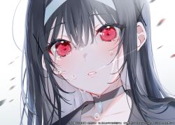 1girl absurdres artist_name black_hair black_shirt choker copyright_name copyright_notice crying crying_with_eyes_open fushi_tantei:_reidou_momiji gradient_background grey_background hair_between_eyes hairband highres long_hair miwano_rag novel_illustration official_art parted_lips red_eyes reidou_momiji second-party_source shirt solo teardrop tears
