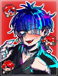 2boys ahoge black_hair blue_eyes blue_hair blush border bridge_piercing chibi closed_eyes collar collarbone drooling ear_piercing earrings eyepatch face_piercing hands_up highres japanese_clothes jewelry lip_piercing male_focus messy_hair multicolored_hair multiple_boys omokage_yugamu one_eye_covered open_mouth piercing red_background red_hair saliva sumino_takumi teeth the_hundred_line_-last_defense_academy- upper_teeth_only white_border