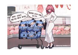 1girl 1other bag black_shoes blue_hair bluecup breasts cleavage clenched_teeth commentary dongtan_dress dress english_commentary food hair_ornament hairclip hand_on_own_hip high_heels indie_virtual_youtuber korean_text large_breasts meat meme_attire multicolored_hair pink_hair red_eyes rosetta_(vtuber) shoes shopping_cart solo_focus teeth translation_request two-tone_hair virtual_youtuber white_dress