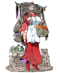 1girl apron basket blush breasts brooch brown_eyes brown_hair cactus collarbone commentary_request dress flower food fruit hair_ornament high_heels holding holding_basket horns jewelry kafun large_breasts long_hair looking_at_viewer original parted_lips red_dress shoes simple_background smile solo standing very_long_hair white_apron white_background