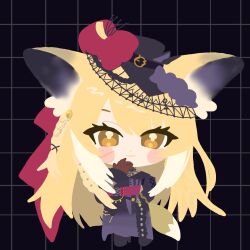 1girl ambience_synesthesia animal_ears arknights black_hat blonde_hair chibi dr._mijinko fox_ears fox_girl fox_tail full_body hat highres looking_at_viewer official_alternate_costume solo tail tilted_headwear vulpisfoglia_(arknights) yellow_eyes