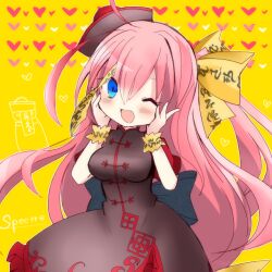 1girl ahoge black_hat black_ribbon bow chinese_clothes dress emil_chronicle_online frilled_wristband hair_bow hat jiangshi long_hair mmi one_eye_closed open_mouth pink_hair red_dress ribbon specter_alma very_long_hair yellow_bow