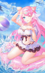 Rule 34 | 1girl, ;), absurdres, afloat, animal ears, ball, barefoot, beachball, bikini, bikini skirt, bird, blue eyes, blue sky, breasts, cat ears, chinese commentary, commentary request, elysia (honkai impact), elysia (miss pink elf) (honkai impact), elysia (summer miss elf) (honkai impact), hairband, highres, honkai (series), honkai impact 3rd, large breasts, long hair, midriff, miyoushe watermark, navel, ocean, official alternate costume, one eye closed, outdoors, paw pose, pink hair, pink innertube, seagull, sitting, sky, smile, solo, swimsuit, wariza, watermark, white bikini, white hairband, wobujidaoa