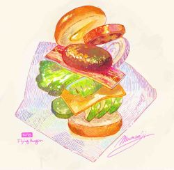 bacon bread bread_bun burger cheese english_text floating food food_focus highres lettuce meat momiji_mao no_humans onion original signature simple_background tomato tomato_slice vegetable white_background