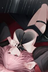 1girl absurdres aliez bare_shoulders black_skirt breasts crop_top detached_sleeves halterneck highres hololive hololive_english indoors large_breasts long_hair looking_at_viewer lying mori_calliope on_back pink_hair red_eyes skirt solo thigh_strap wide_sleeves