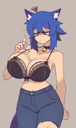 ... 1girl absurdres animal_ear_fluff animal_ears bell black_bra black_eyes blue_hair blue_pants bra breasts cat_ears cat_girl cat_tail choker cleavage closed_mouth collarbone cowboy_shot doce female_focus fingernails freckles freckles_on_breasts grey_background hair_between_eyes half-closed_eyes highres jingle_bell large_breasts navel_peek no_shirt original pants scribble sharp_fingernails short_hair simple_background solo squinting tail torn_clothes torn_pants underwear xiao_(docecaedrus)