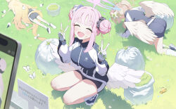 Rule 34 | 3girls, absurdres, all fours, alternate costume, alternate hairstyle, animal ears, bird, black jacket, black shorts, blue archive, blush, closed eyes, double bun, double v, feathered wings, flower, fox ears, fox girl, fox tail, garados (limmjiiiminnn99), gloves, green flower, hair bun, hair ornament, hair scrunchie, highres, jacket, lying, mika (blue archive), mika (track) (blue archive), multiple girls, nagisa (blue archive), official alternate costume, official alternate hairstyle, on stomach, open mouth, pink flower, ponytail, purple scrunchie, scrunchie, seia (blue archive), shorts, squatting, tail, tea party (blue archive), v, white gloves, white scrunchie, wings